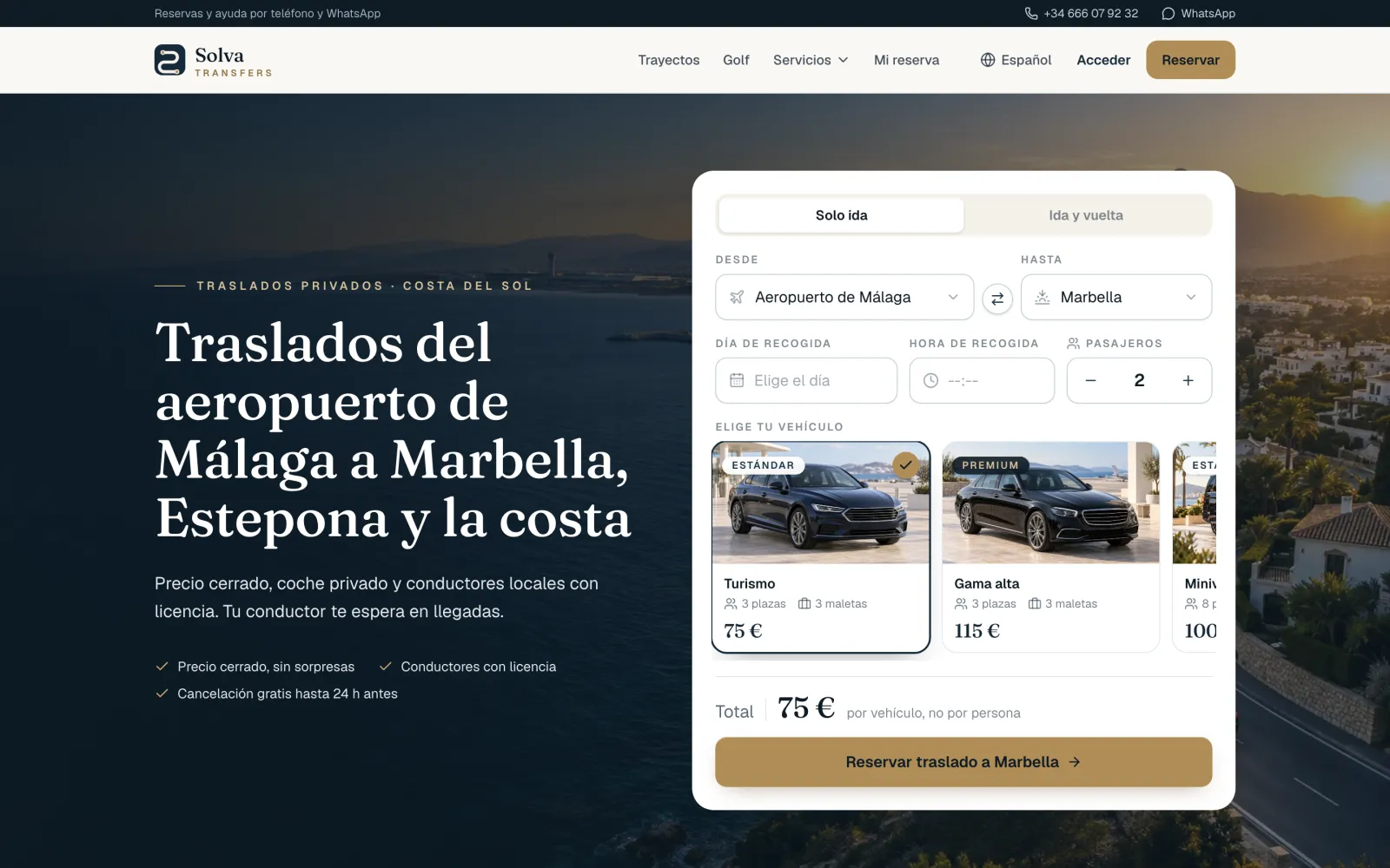 Web de reservas de Solva Transfers en un navegador.